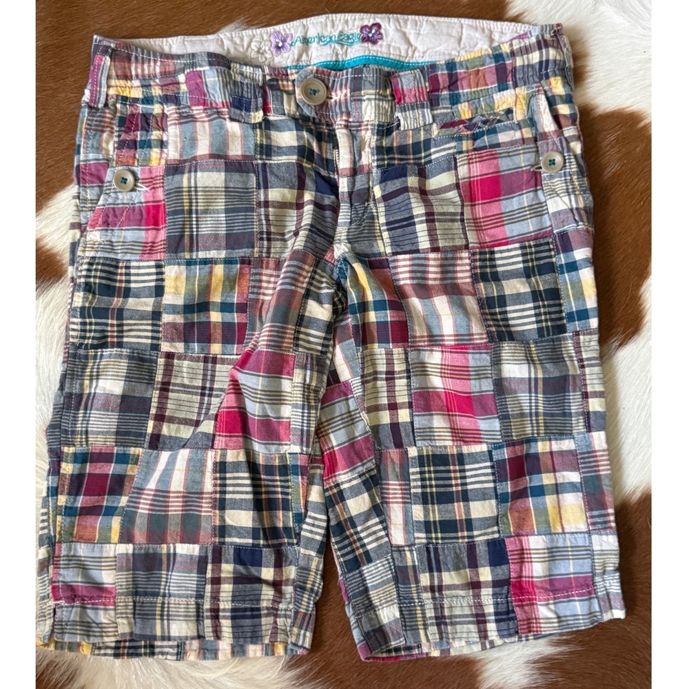 American Eagle Retro 90s Bermuda Shorts Plaid Patchwork Cargo Pink Blue 8 Y2K - Picture 2 of 12